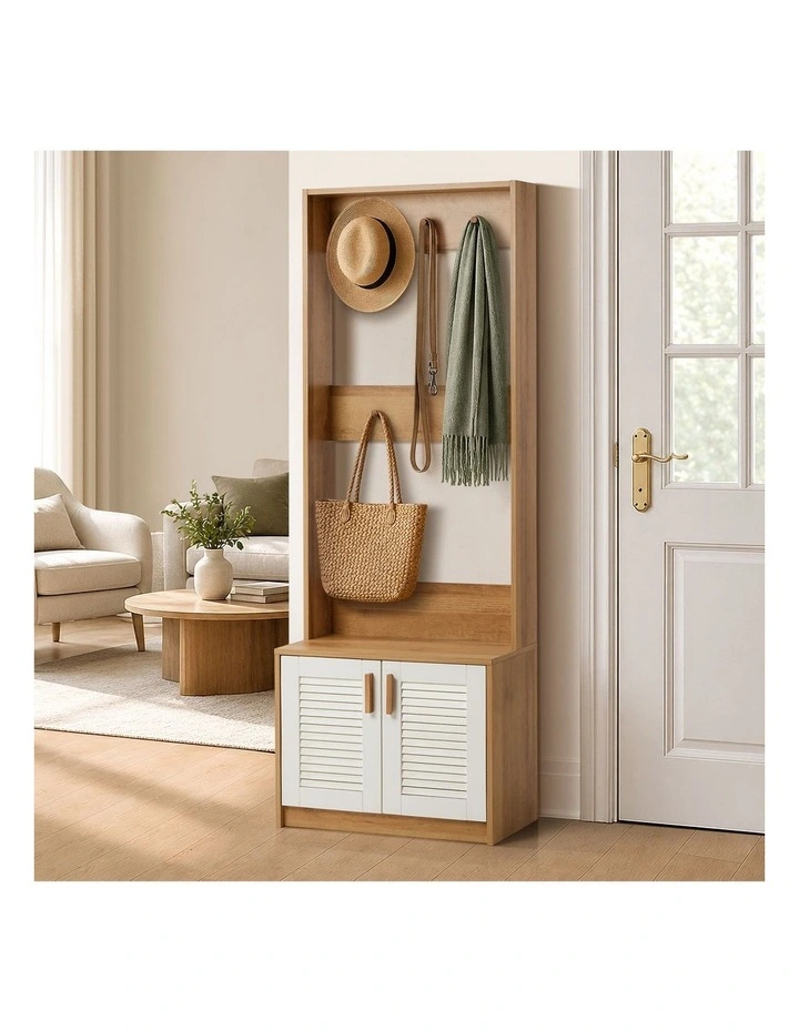 Oikiture Hall Tree Wardrobe Shelf Bench Coat Rack Entryway Storage Natural image 4