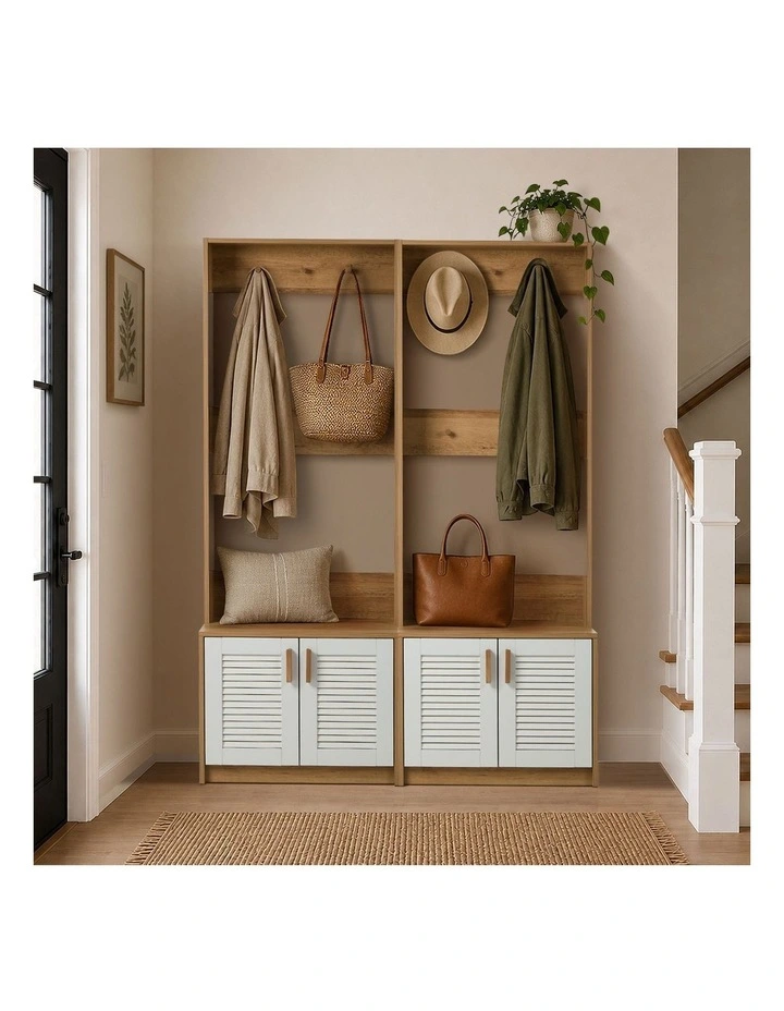 Oikiture Hall Tree Wardrobe Shelf Bench Coat Rack Entryway Storage Natural image 5