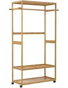 Oikiture Clothes Rack Open Wardrobe Garment Coat Stand Bamboo 2 Shelves Wheels