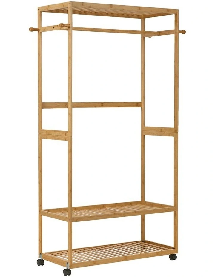 Oikiture Clothes Rack Open Wardrobe Garment Coat Stand Bamboo 2 Shelves Wheels image 1