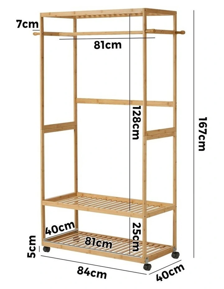 Oikiture Clothes Rack Open Wardrobe Garment Coat Stand Bamboo 2 Shelves Wheels image 3