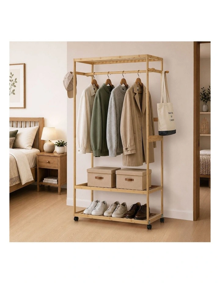 Oikiture Clothes Rack Open Wardrobe Garment Coat Stand Bamboo 2 Shelves Wheels image 4
