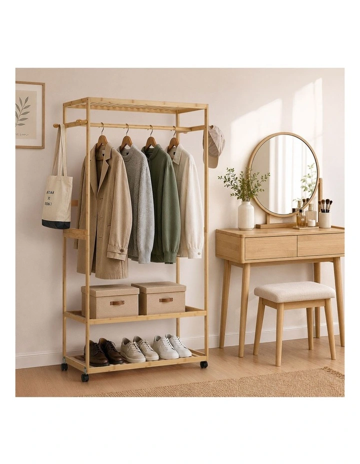 Oikiture Clothes Rack Open Wardrobe Garment Coat Stand Bamboo 2 Shelves Wheels image 5