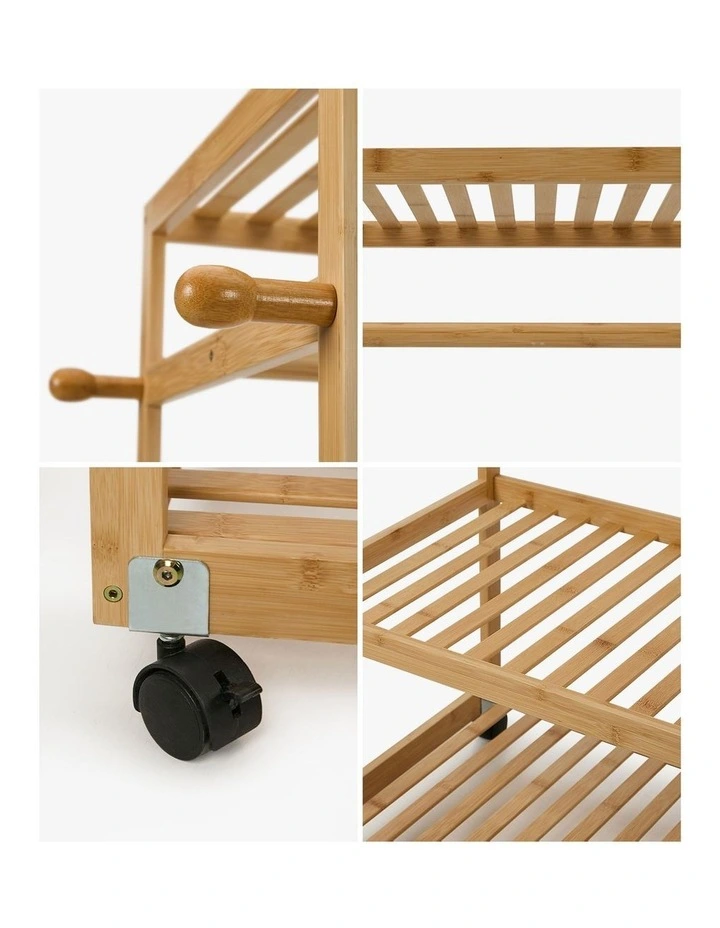 Oikiture Clothes Rack Open Wardrobe Garment Coat Stand Bamboo 2 Shelves Wheels image 6