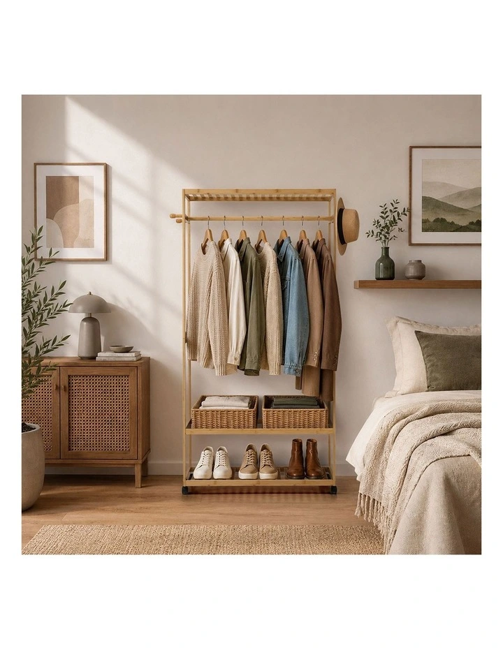 Oikiture Clothes Rack Open Wardrobe Garment Coat Stand Bamboo 2 Shelves Wheels image 7
