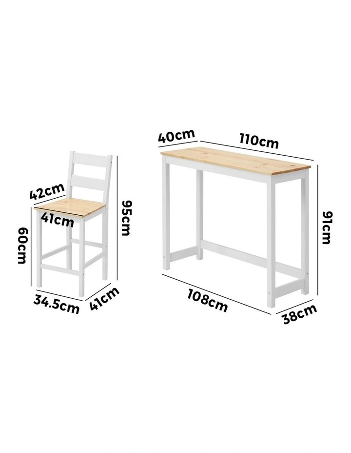 Oikiture 3PCS Bar Table Set 2 Stools Chairs Kitchen Dining Cafe Tables Natural White image 3