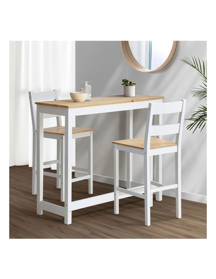 Oikiture 3PCS Bar Table Set 2 Stools Chairs Kitchen Dining Cafe Tables Natural White image 4