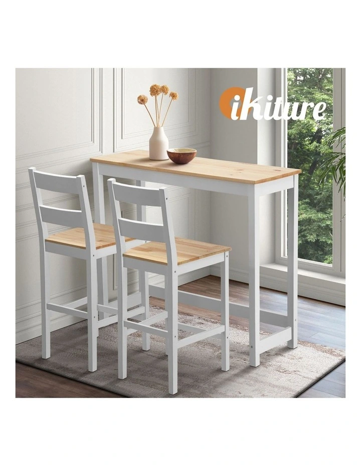 Oikiture 3PCS Bar Table Set 2 Stools Chairs Kitchen Dining Cafe Tables Natural White image 7