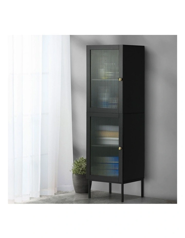 Oikiture Storage Cabinet Tall Slim Cupboard Tempered Glass Door Black image 4