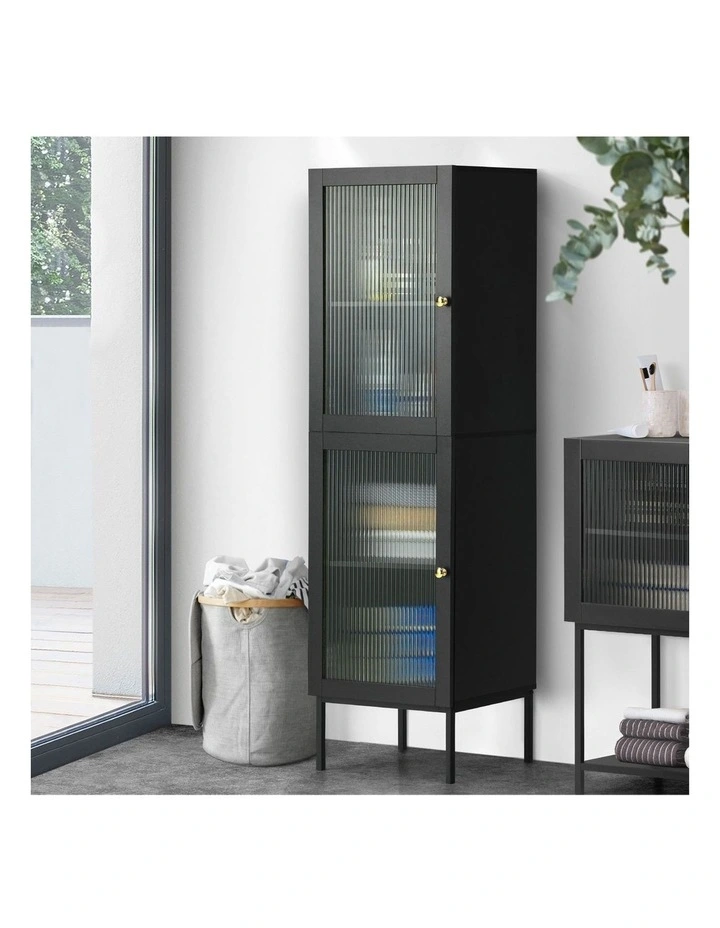 Oikiture Storage Cabinet Tall Slim Cupboard Tempered Glass Door Black image 5