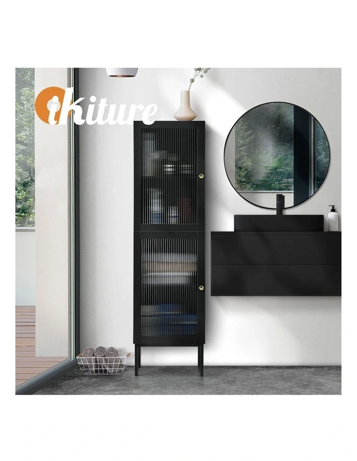 Oikiture Storage Cabinet Tall Slim Cupboard Tempered Glass Door Black image 7
