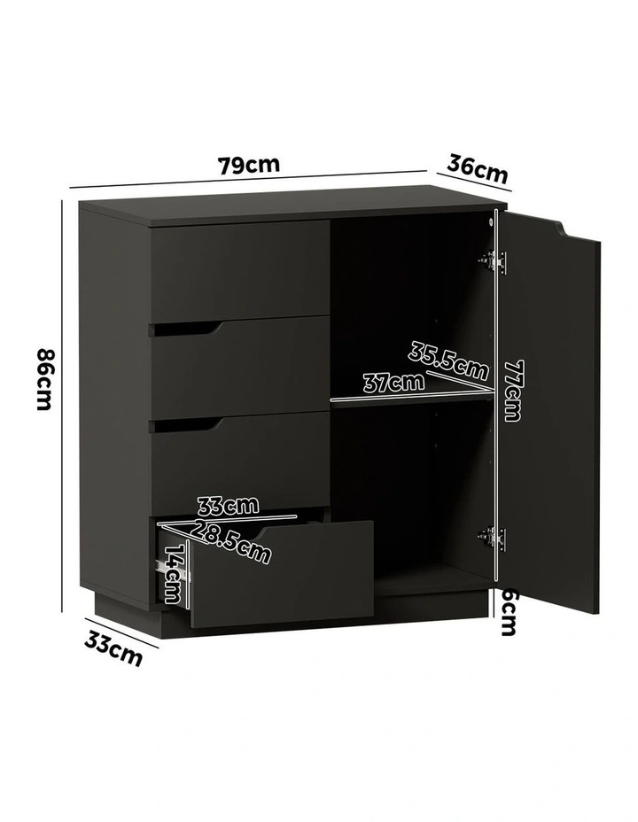 Oikiture Storage Cabinet 4 Drawers Buffet Cupboard Hallway Handleless Black image 3