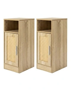Levede Narrow Bedside Table 2 Pcs with Storage Boho Rattan Wood