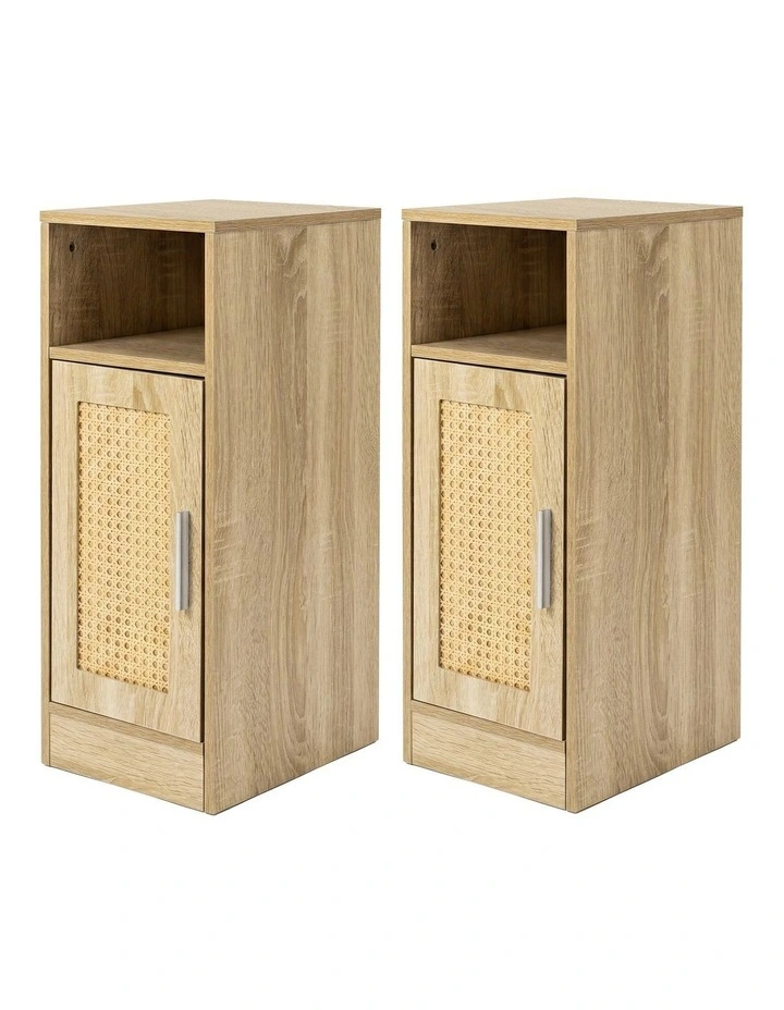Levede Narrow Bedside Table 2 Pcs with Storage Boho Rattan Wood image 1