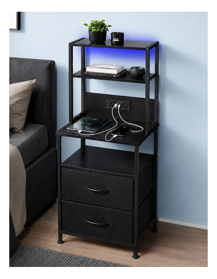 Levede Bedside Table with Charging Station LED Lights Black image 6