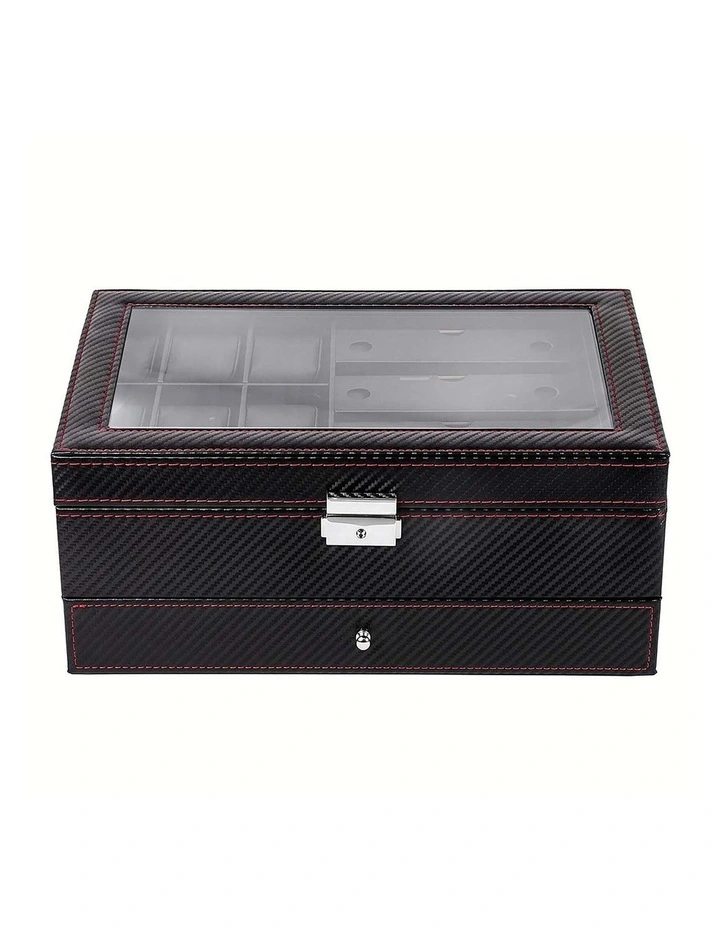 Pawz Watch Box 6 Slot Watch Case Jewelry Box PU Leather with Drawer Black image 2