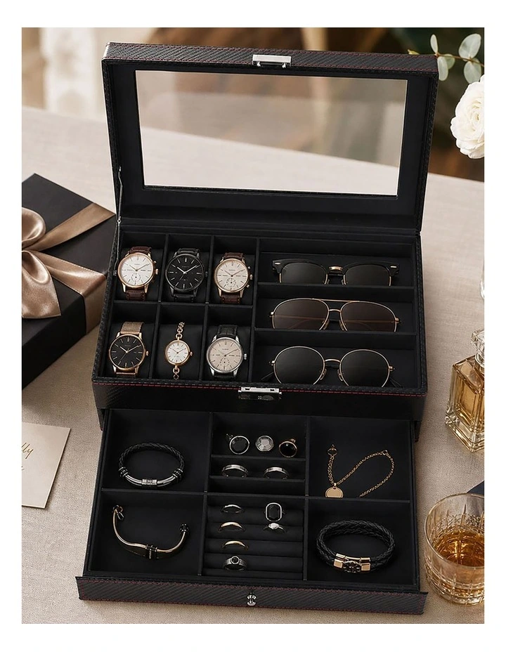 Pawz Watch Box 6 Slot Watch Case Jewelry Box PU Leather with Drawer Black image 4