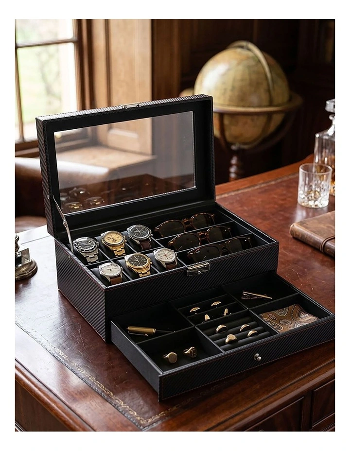 Pawz Watch Box 6 Slot Watch Case Jewelry Box PU Leather with Drawer Black image 5