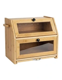 Toque Bread Box Bread Bin Double Layer Bamboo Bread Storage with Window Natural