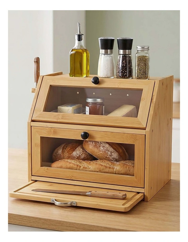 Toque Bread Box Bread Bin Double Layer Bamboo Bread Storage with Window Natural image 6
