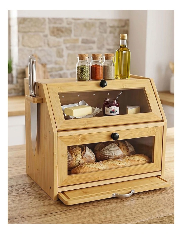 Toque Bread Box Bread Bin Double Layer Bamboo Bread Storage with Window Natural image 7