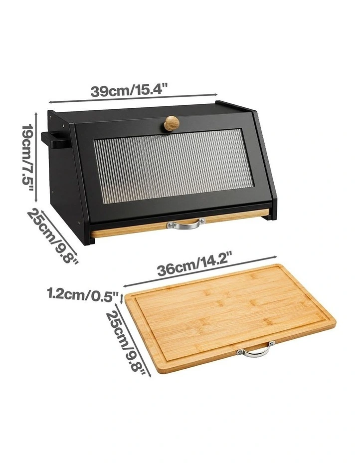 Toque Bread Box Bamboo Bread Storage Container with Cutting Board Black image 3