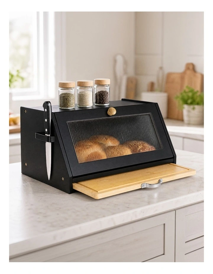 Toque Bread Box Bamboo Bread Storage Container with Cutting Board Black image 6
