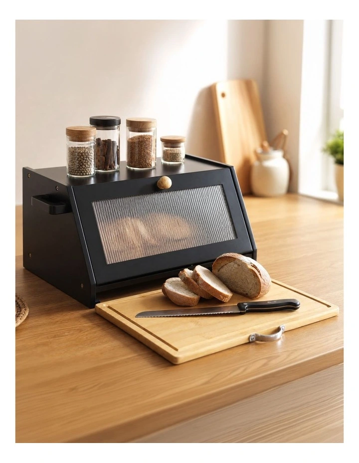 Toque Bread Box Bamboo Bread Storage Container with Cutting Board Black image 7