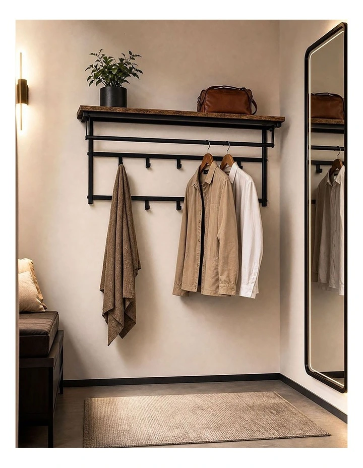 Levede Floating Shelves 10kg Wall Shelf Hooks Coat Rack Metal Wood Black image 4