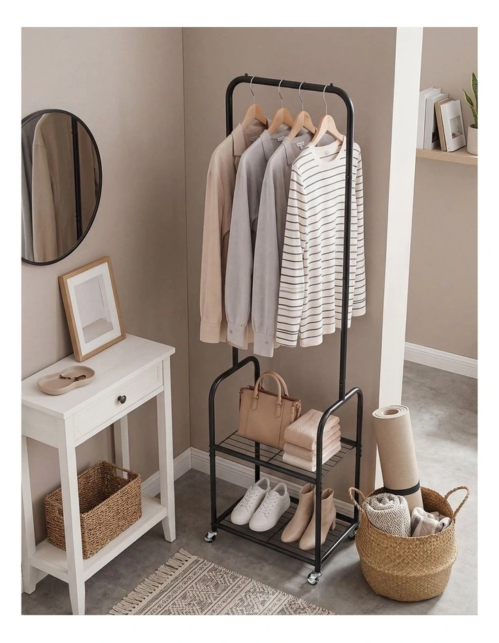 Levede Clothes Rack Heavy Duty Garment Rack 2 Shelf Locking Wheels Bedroom Black image 4