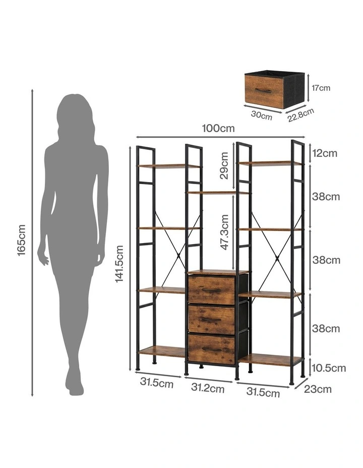Levede Bookshelf 10 Open Cubes 3 Fabric Drawers Wood Black image 3
