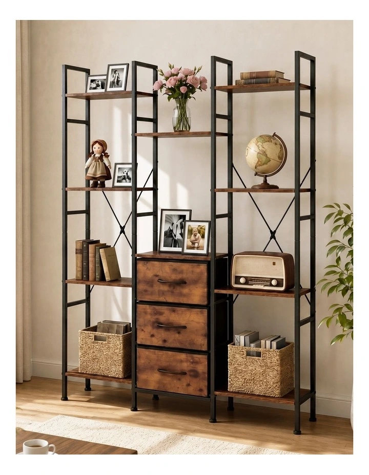 Levede Bookshelf 10 Open Cubes 3 Fabric Drawers Wood Black image 4