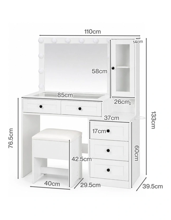 Levede Dressing Table Vanity Desk with LED Mirror 5 Drawers Charging White image 3