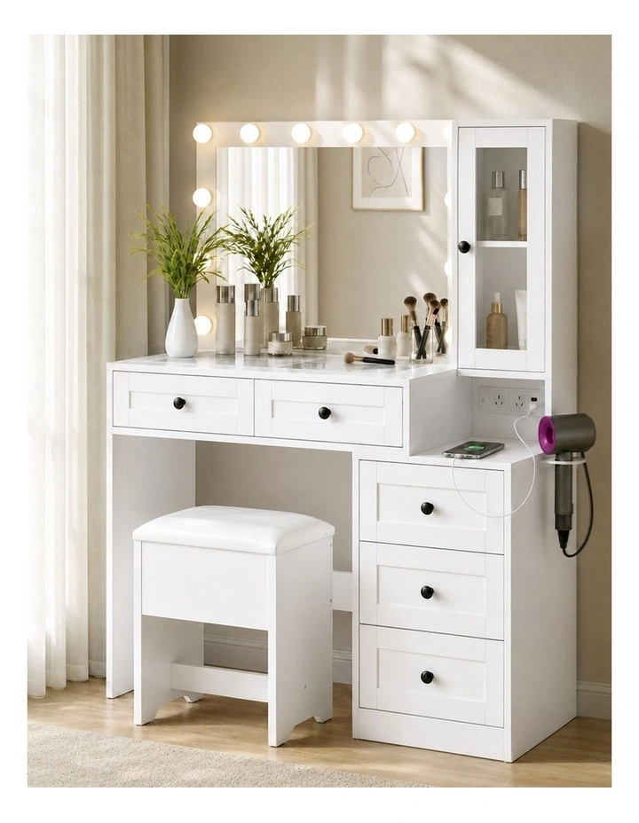 Levede Dressing Table Vanity Desk with LED Mirror 5 Drawers Charging White image 4