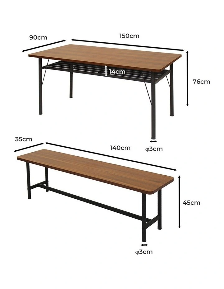 Levede CH111617 1x Dining Table 1x Bench Set Steel Home Kitchen Farmhouse Brown image 3