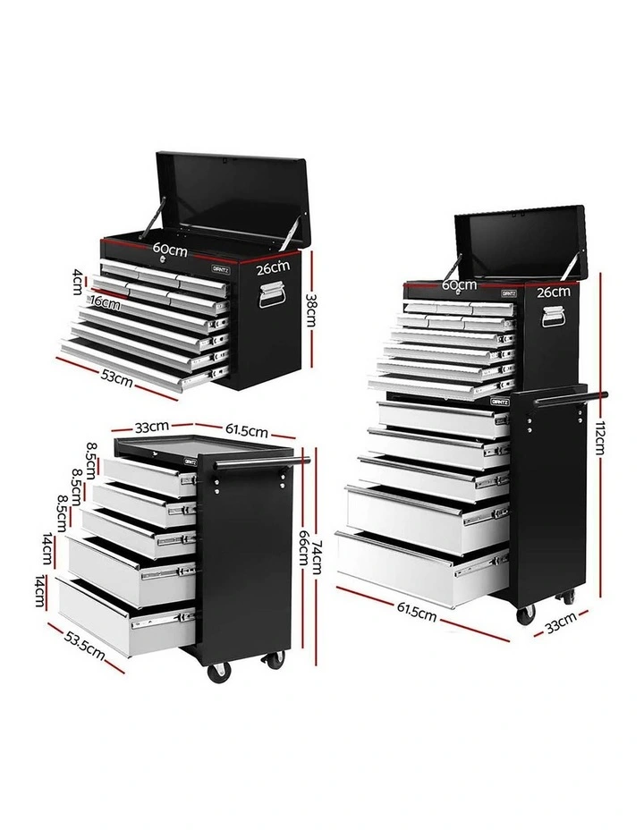 Giantz 15 Drawers Tool Chest Trolley Toolbox 2-in-1 Storage Black& Grey image 4
