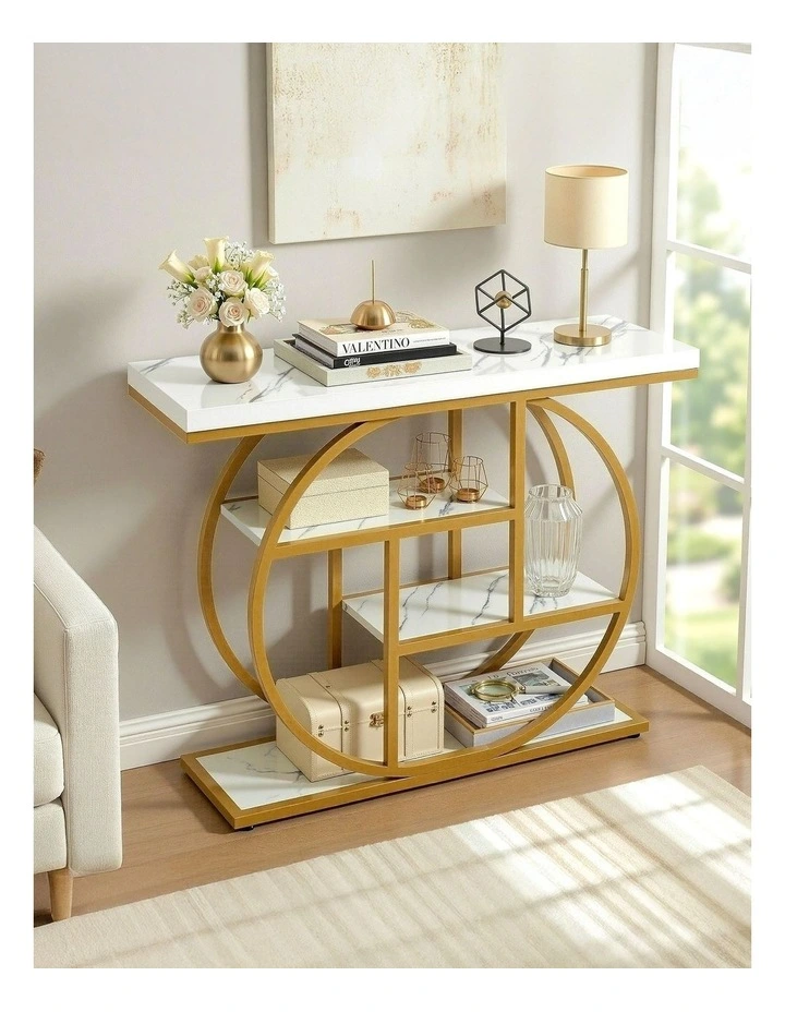 Artiss Console Table Marble Effect 4-Tier Shelves 105CM White&Gold image 4