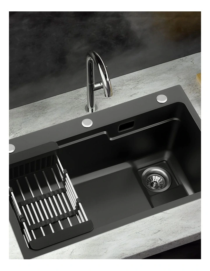Cefito Kitchen Sink 75X45CM Stainless Steel Basin Single Bowl Drain Part Black image 3
