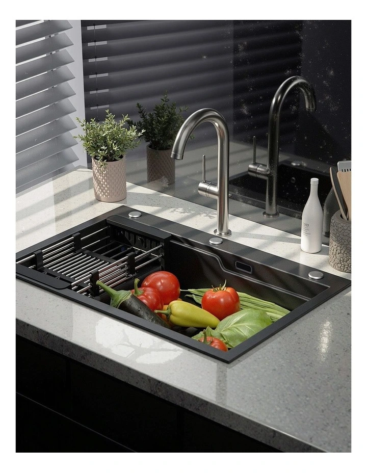 Cefito Kitchen Sink 75X45CM Stainless Steel Basin Single Bowl Drain Part Black image 5