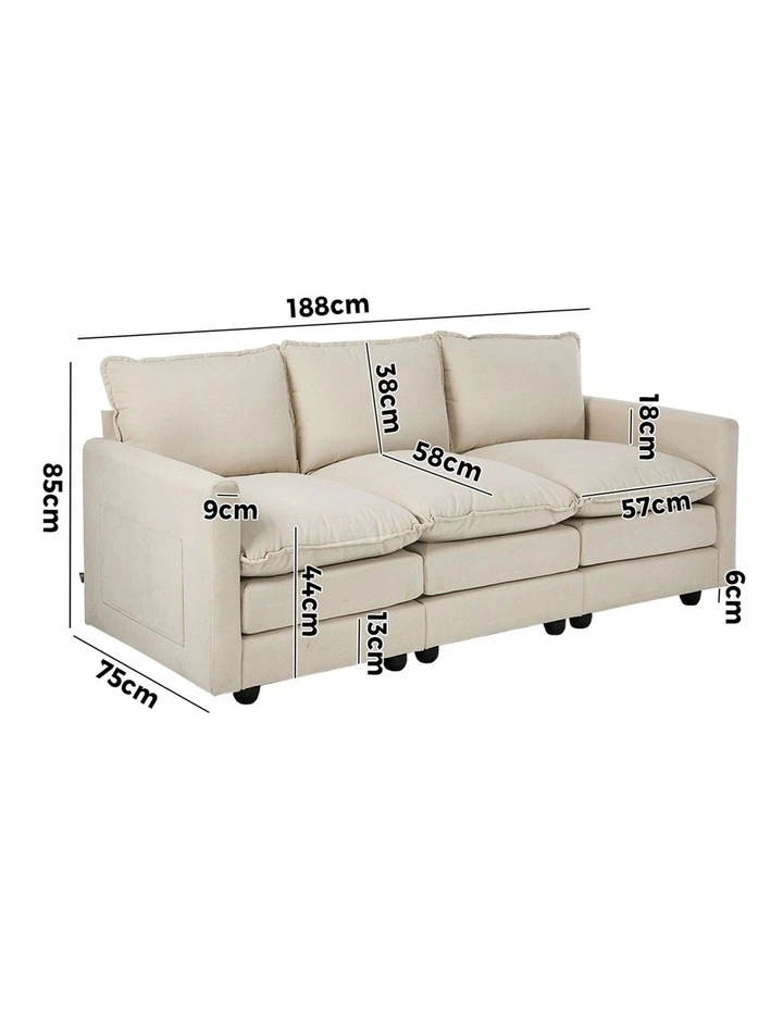 Oikiture 3 Seater Sofa Couch Lounge Extra Thick Cushion Futon Corduroy Beige image 3