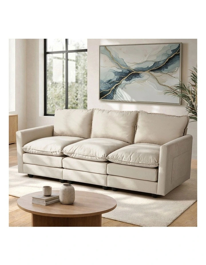 Oikiture 3 Seater Sofa Couch Lounge Extra Thick Cushion Futon Corduroy Beige image 4