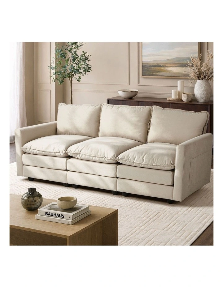 Oikiture 3 Seater Sofa Couch Lounge Extra Thick Cushion Futon Corduroy Beige image 5
