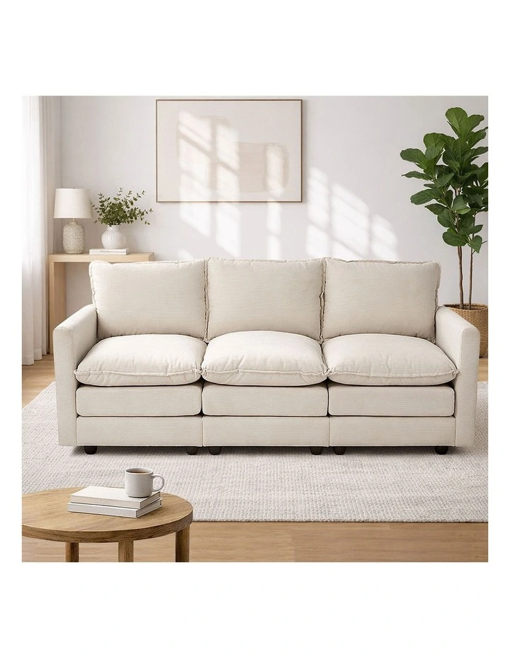 Oikiture 3 Seater Sofa Couch Lounge Extra Thick Cushion Futon Corduroy Beige image 7