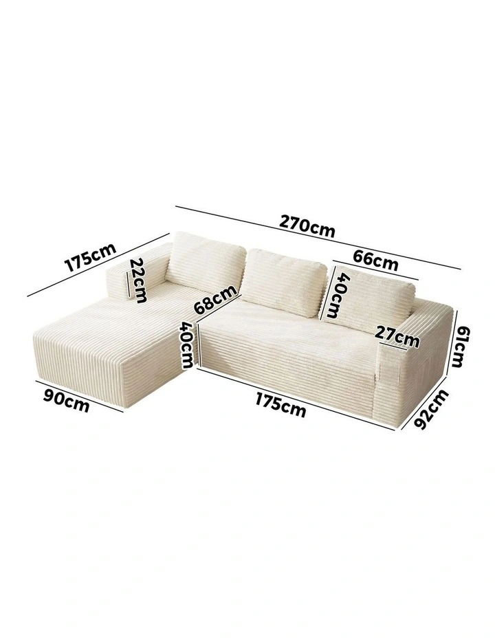 Oikiture L Shape Compressed Sofa Cloud Couch Chaise Lounge Corduroy Beige image 3