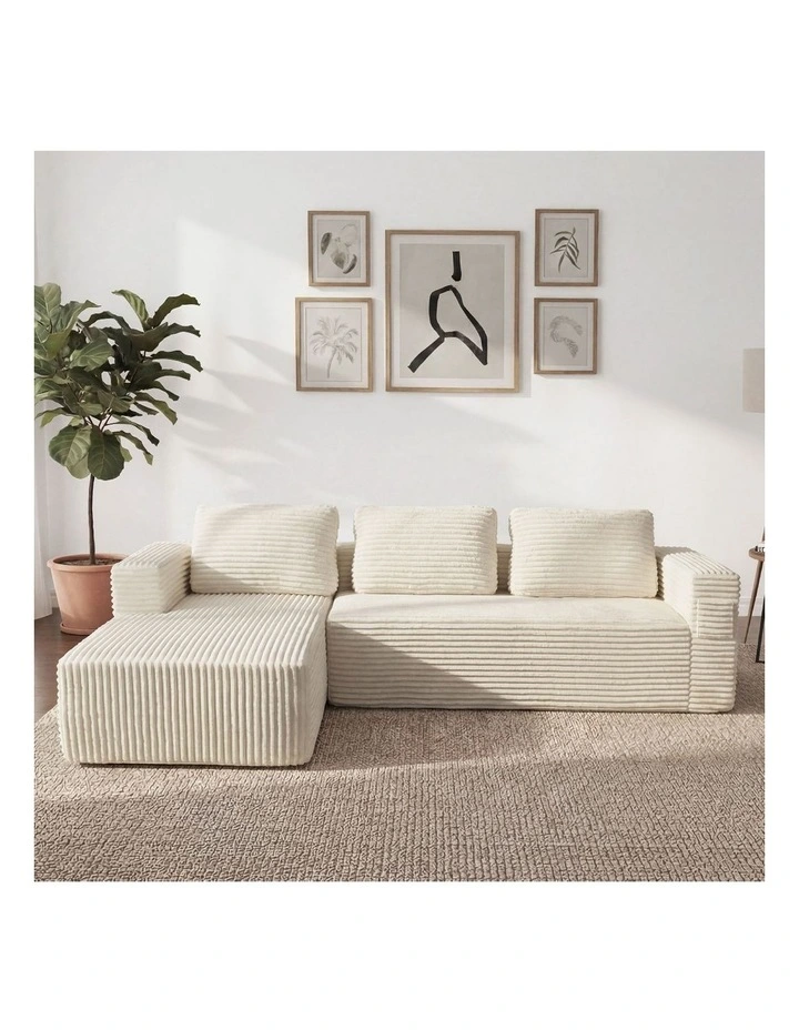 Oikiture L Shape Compressed Sofa Cloud Couch Chaise Lounge Corduroy Beige image 5
