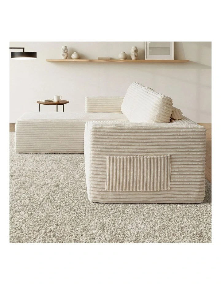 Oikiture L Shape Compressed Sofa Cloud Couch Chaise Lounge Corduroy Beige image 6