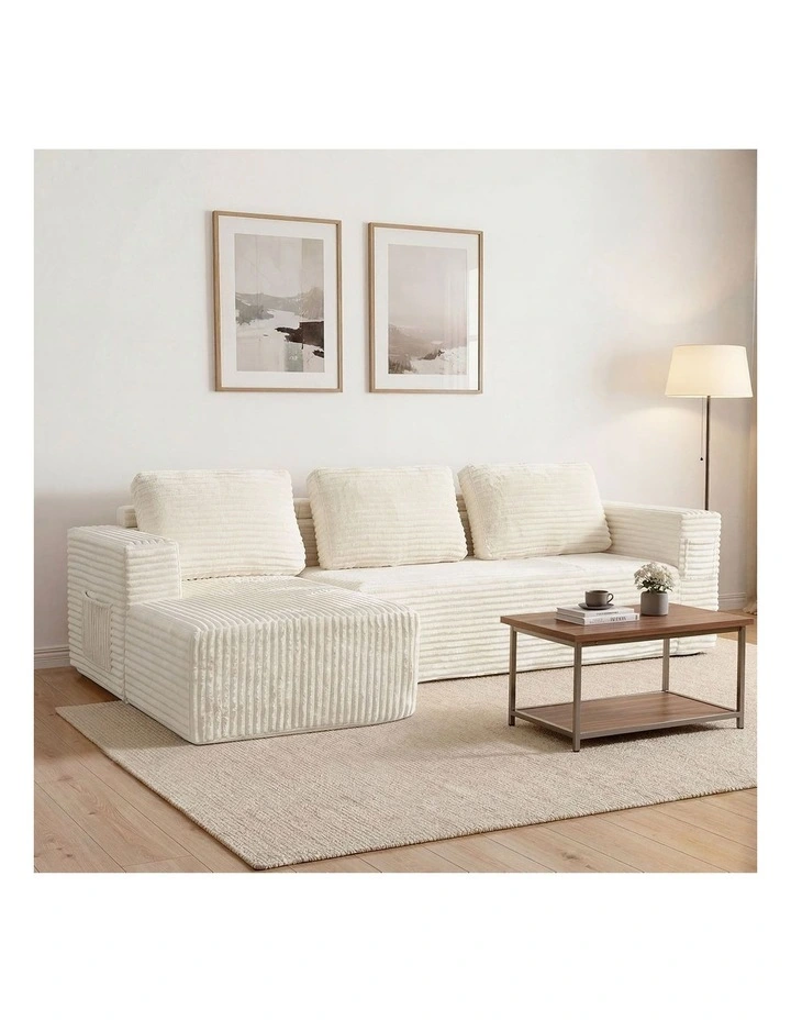 Oikiture L Shape Compressed Sofa Cloud Couch Chaise Lounge Corduroy Beige image 7