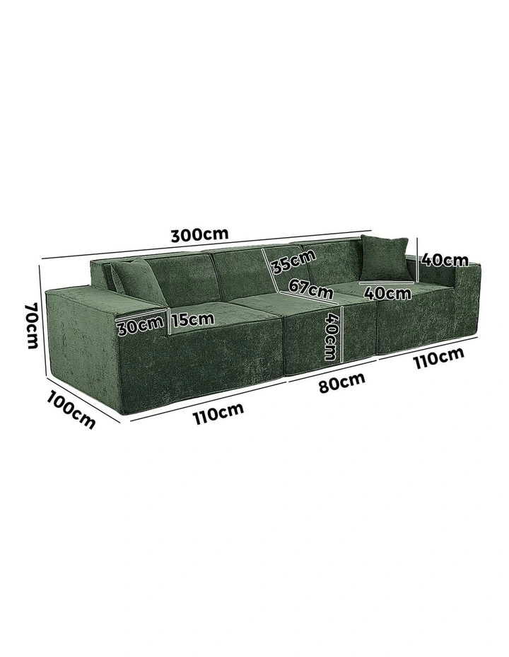 Oikiture 300 cm Modular Sofa Compressed Convertible Couch Lounge Chenille Green image 3