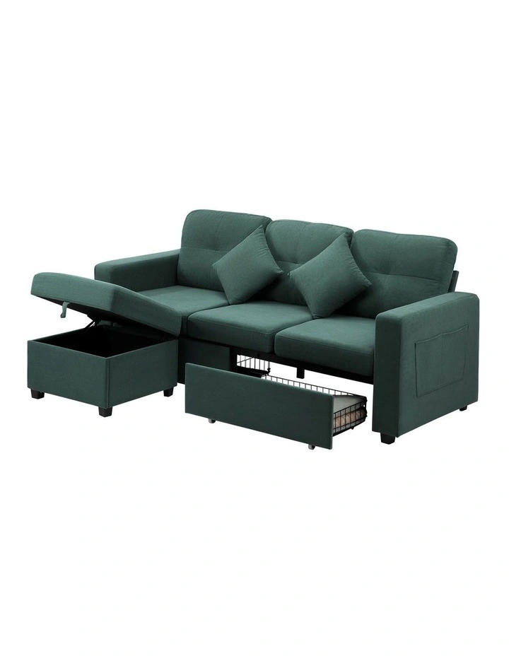 Oikiture 3 Seater Sofa Lounge Set Modular Couch Drawers&Ottoman Velvet Green image 1