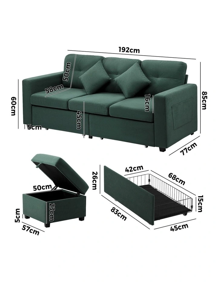 Oikiture 3 Seater Sofa Lounge Set Modular Couch Drawers&Ottoman Velvet Green image 3